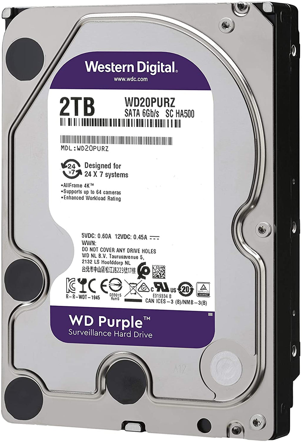 WD Purple 2TB Surveillance Hard Drive - 5400 RPM Class, SATA 6 Gb/s, 64 MB Cache