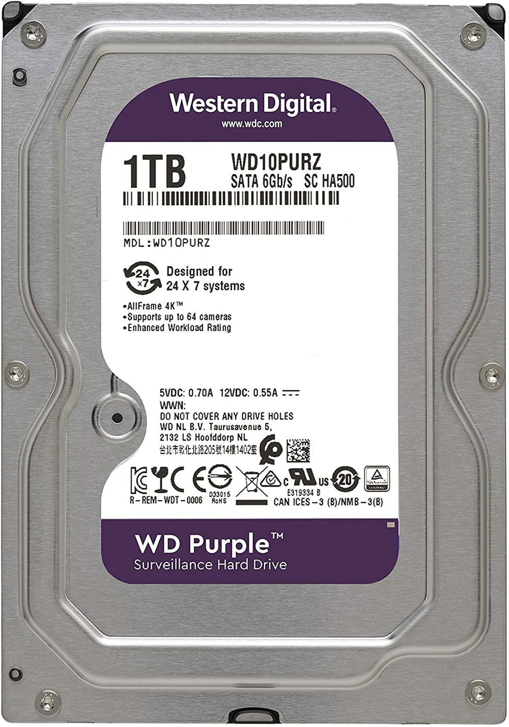 WD Purple 1TB Surveillance Hard Drive - 5400 RPM Class, SATA 6 Gb/s, 64 MB Cache