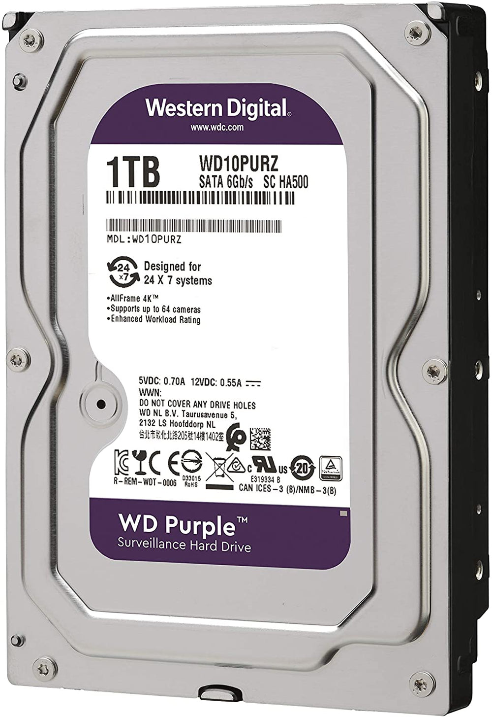 WD Purple 1TB Surveillance Hard Drive - 5400 RPM Class, SATA 6 Gb/s, 64 MB Cache