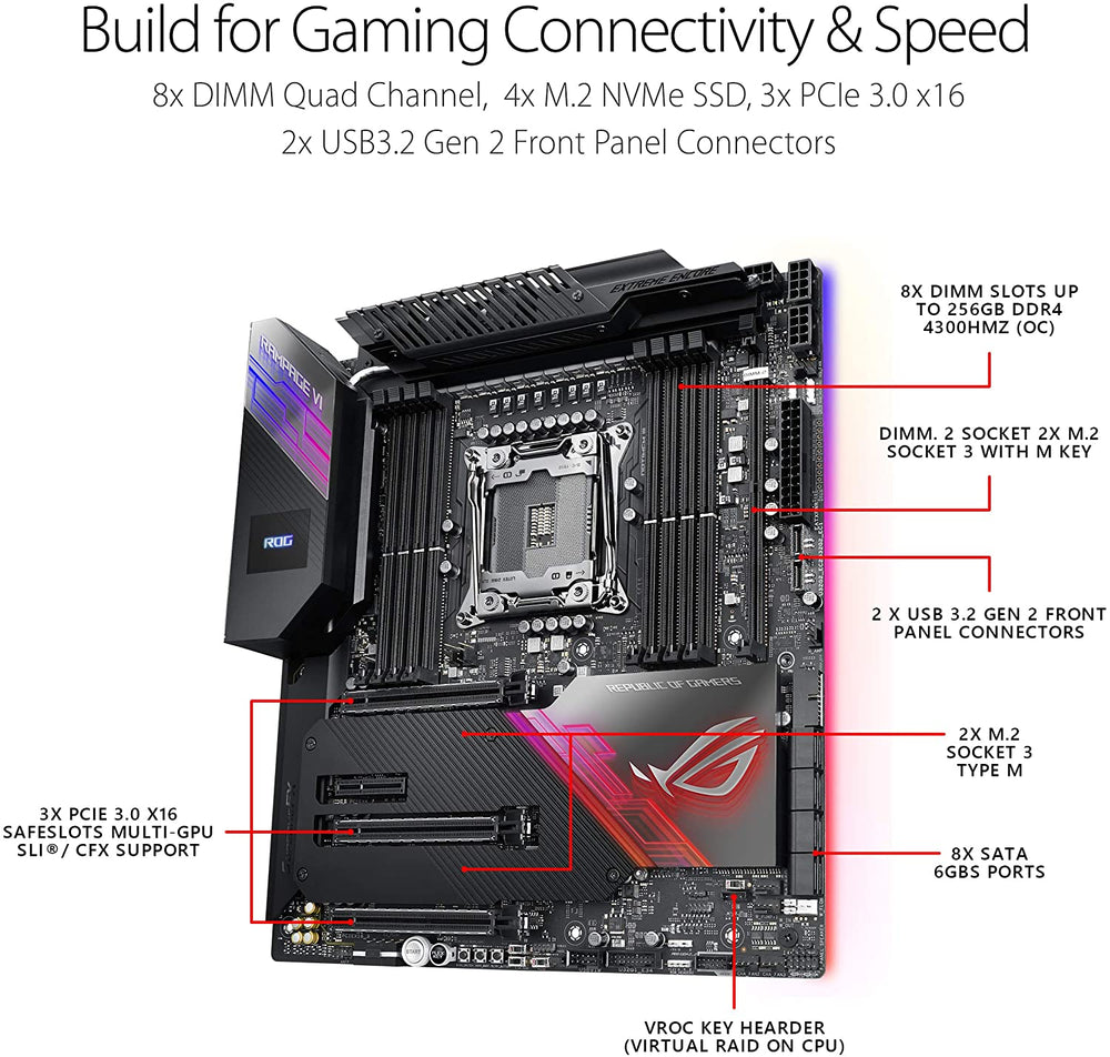 ASUS ROG Rampage VI Extreme Encore Socket 2066 X299 Chipset - Quad Channel DDR4 4266(O.C.), 3xPCIe 3.0 x16, 2xM.2 USB 3.1, Bluetooth - EATX Motherboard, AURA RGB Lighting with Onboard AC WIFI